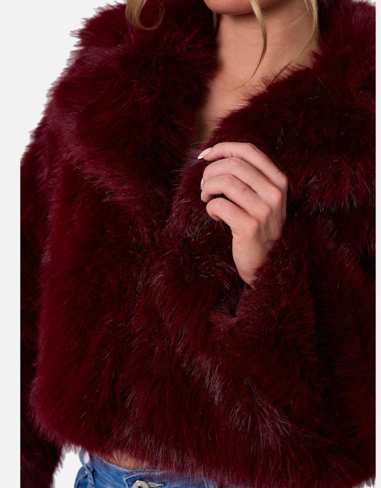 Burgundy Faux Fur Collar Detail Crop Jacket