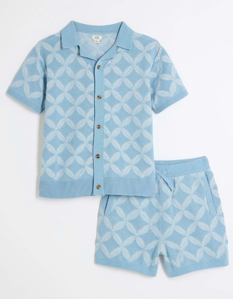 Boys Geometric Polo Shorts Set - Blue