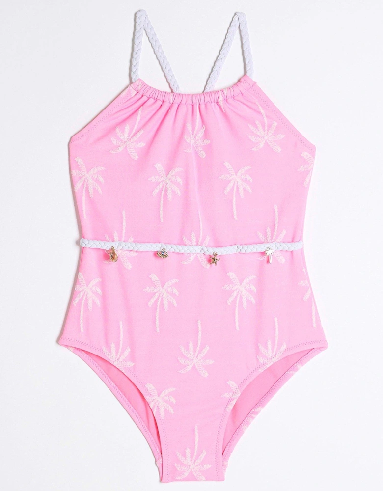 Girls Palm Textured Swimsuit - Pink