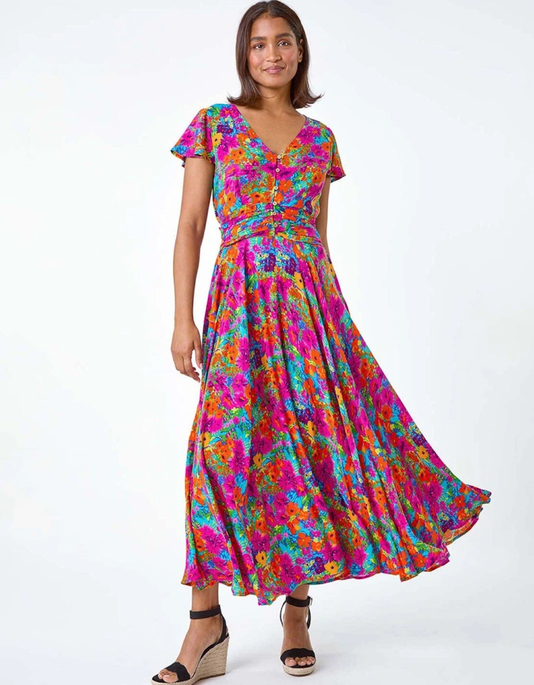 Floral Ruched Waist Midi Dress