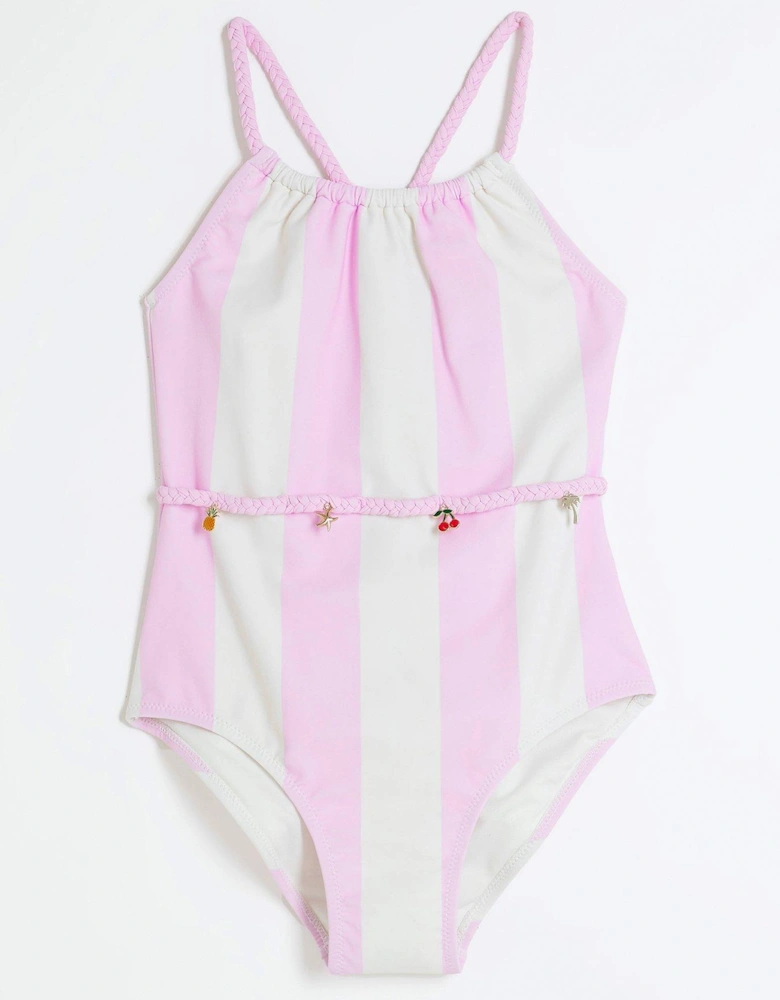 Girls Stripe Charm Belt Swimsuit - Pink