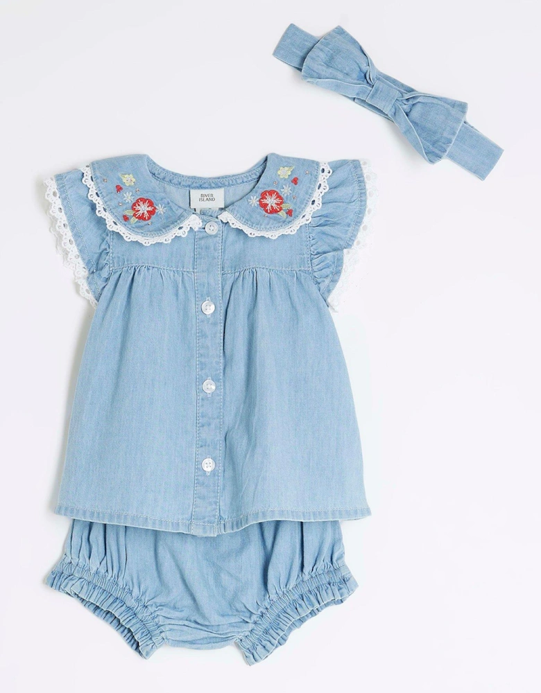 Baby Girls Chambray Blouse Set - Light Wash Blue