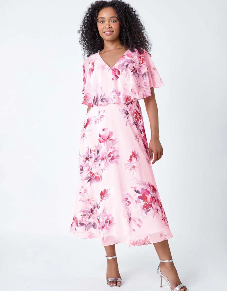 Petite Floral Cape Chiffon Midi Dress