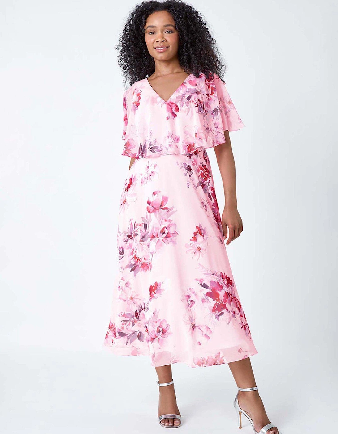 Petite Floral Cape Chiffon Midi Dress, 2 of 1