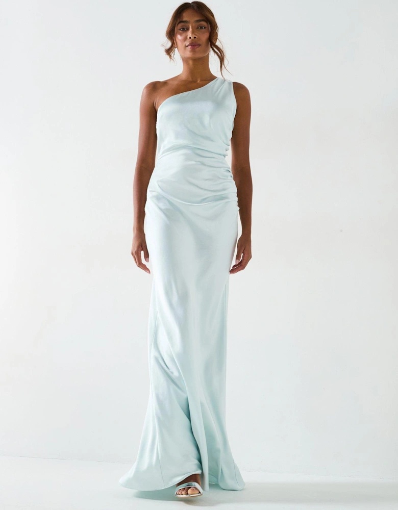 Satin One Shoulder Gathered Bridesmaid Dress - Ice Blue