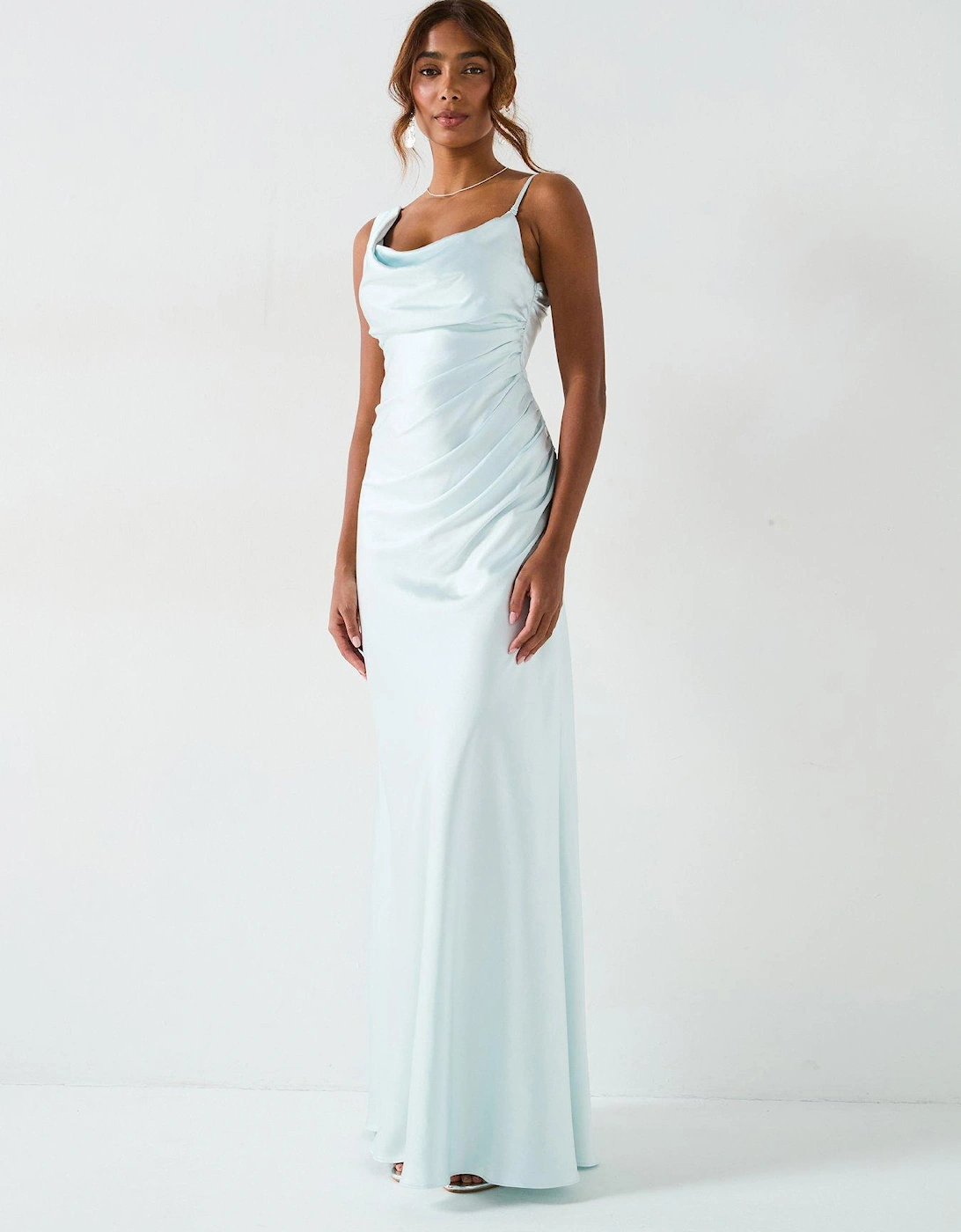 Cowl Front Asymmetrical Satin Bridesmaid Dress - Ice Blue, 2 of 1