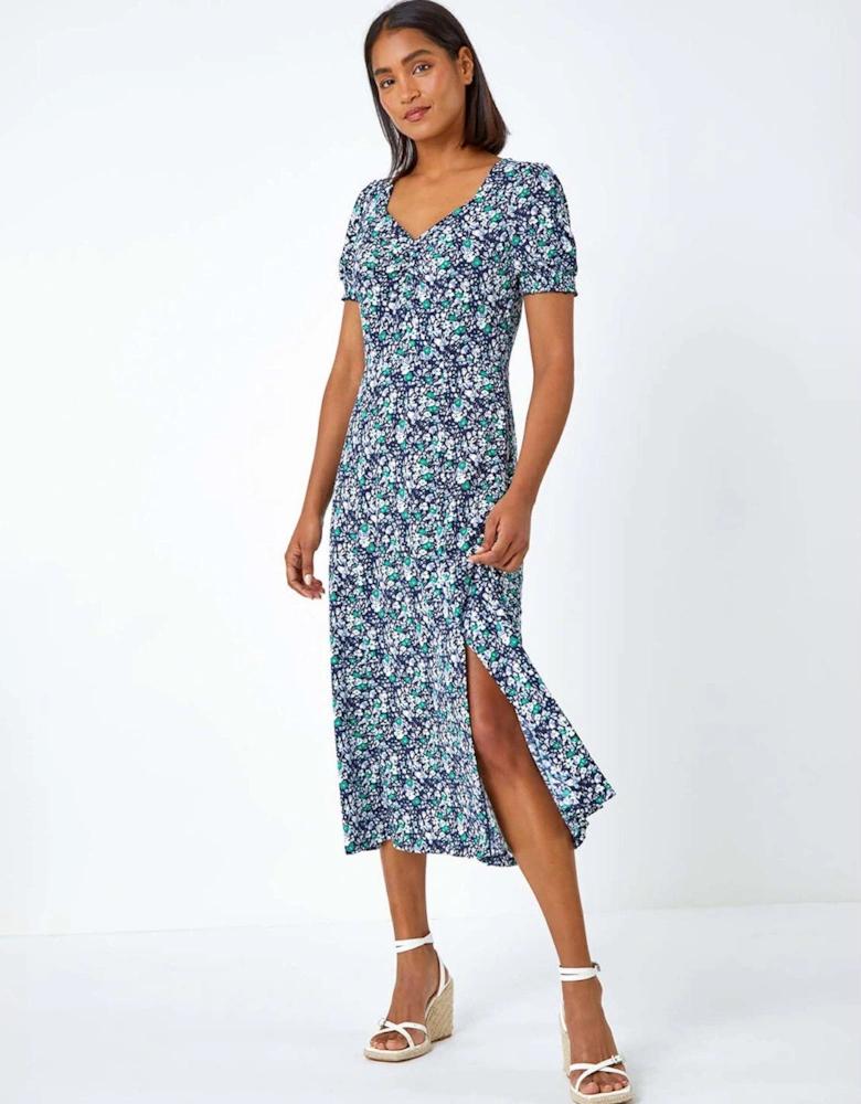 Ditsy Floral Ruched Stretch Midi Dress