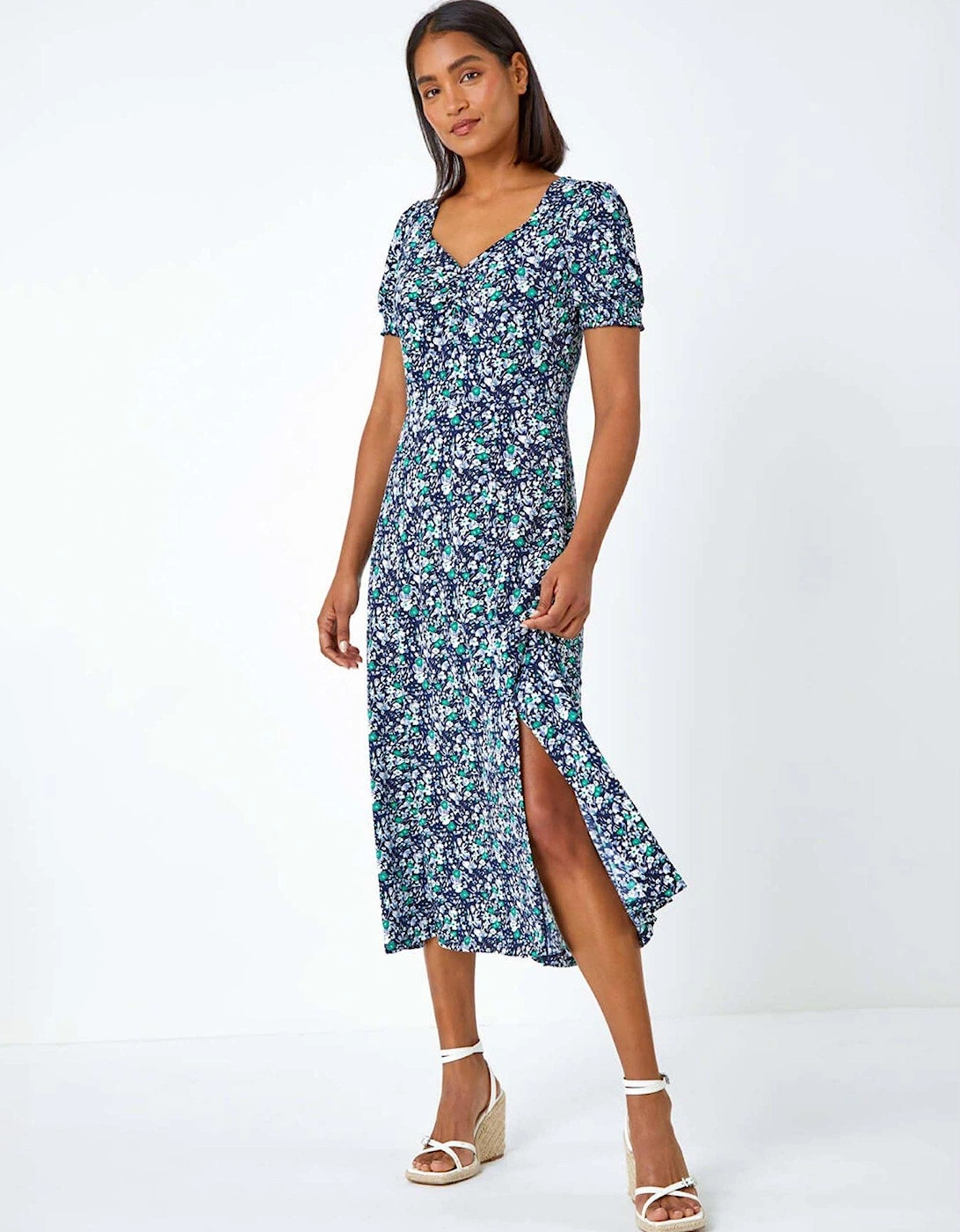 Ditsy Floral Ruched Stretch Midi Dress, 2 of 1