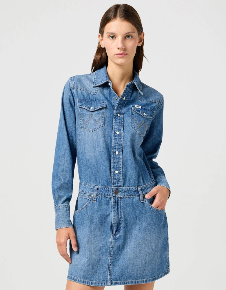 Long Sleeve Denim Dress - Blue