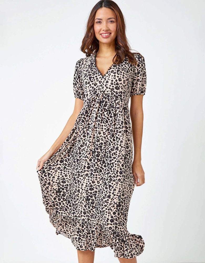 Leopard Print Lace Trim Midi Dress