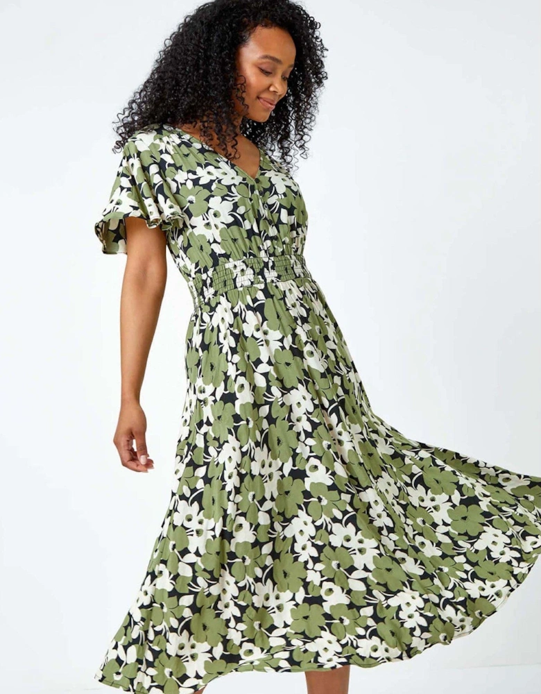 Petite Floral Print Shirred Midi Dress