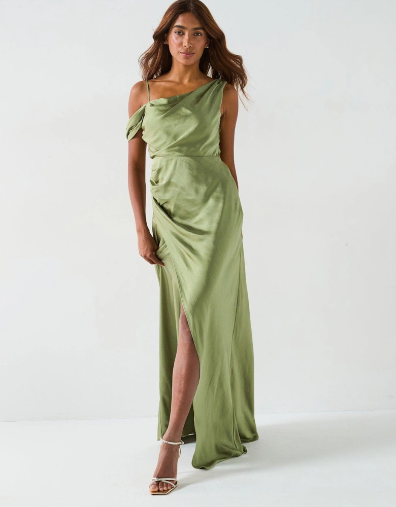 Asymmetrical Bardot Strap Satin Bridesmaid Dress - Moss