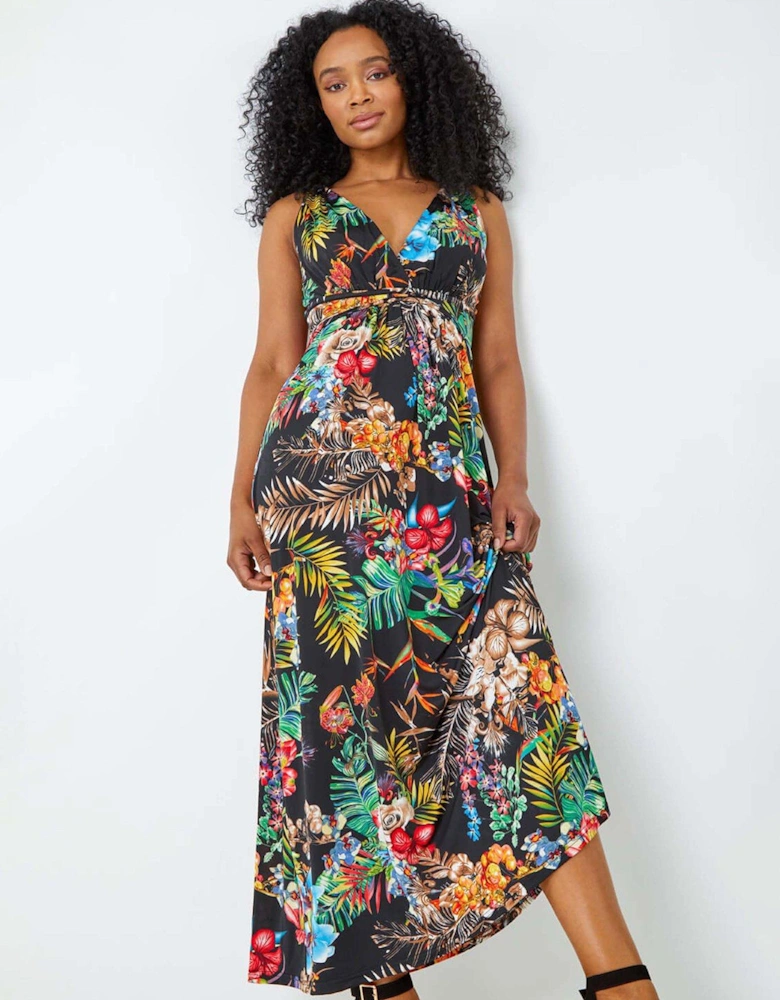 Petite Sleeveless Tropical Maxi Stretch Dress