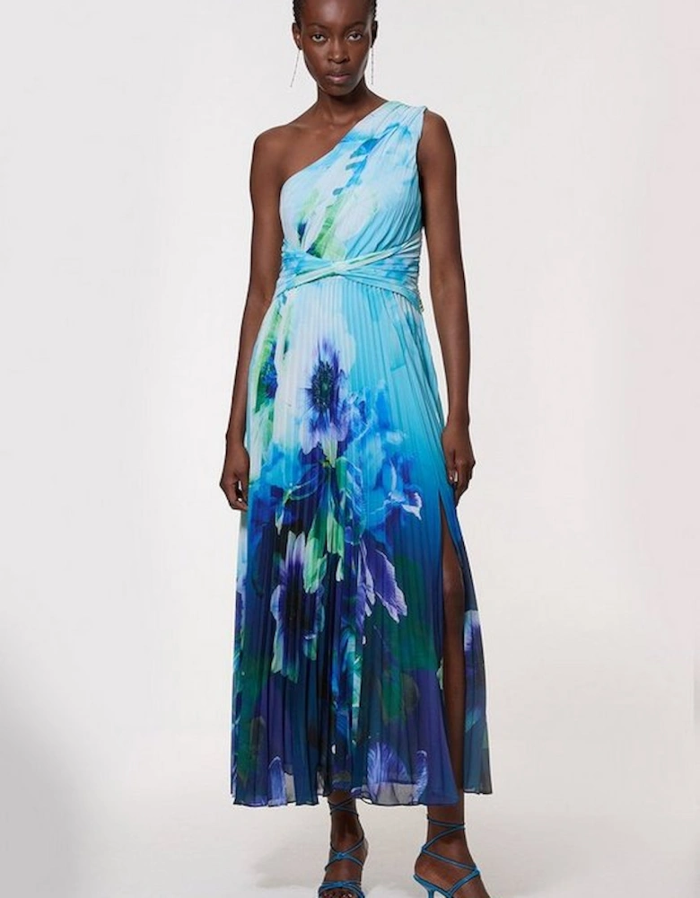 Ombre Floral Soft Pleated One Shoulder Maxi Dress