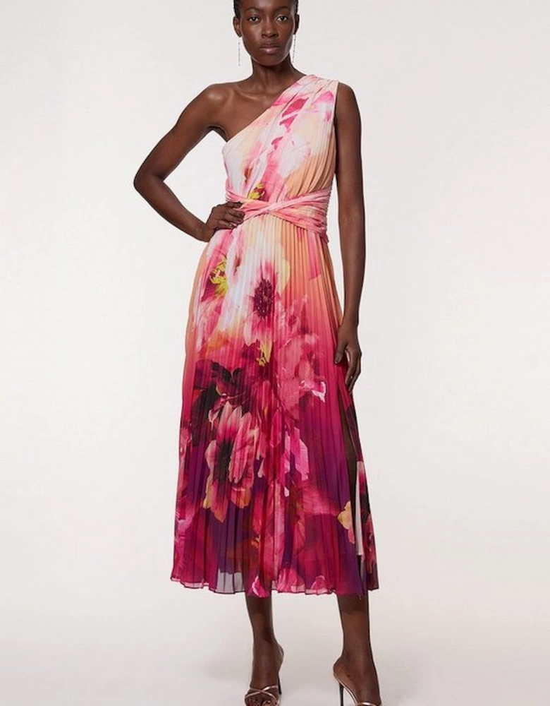 Ombre Floral Soft Pleated One Shoulder Maxi Dress