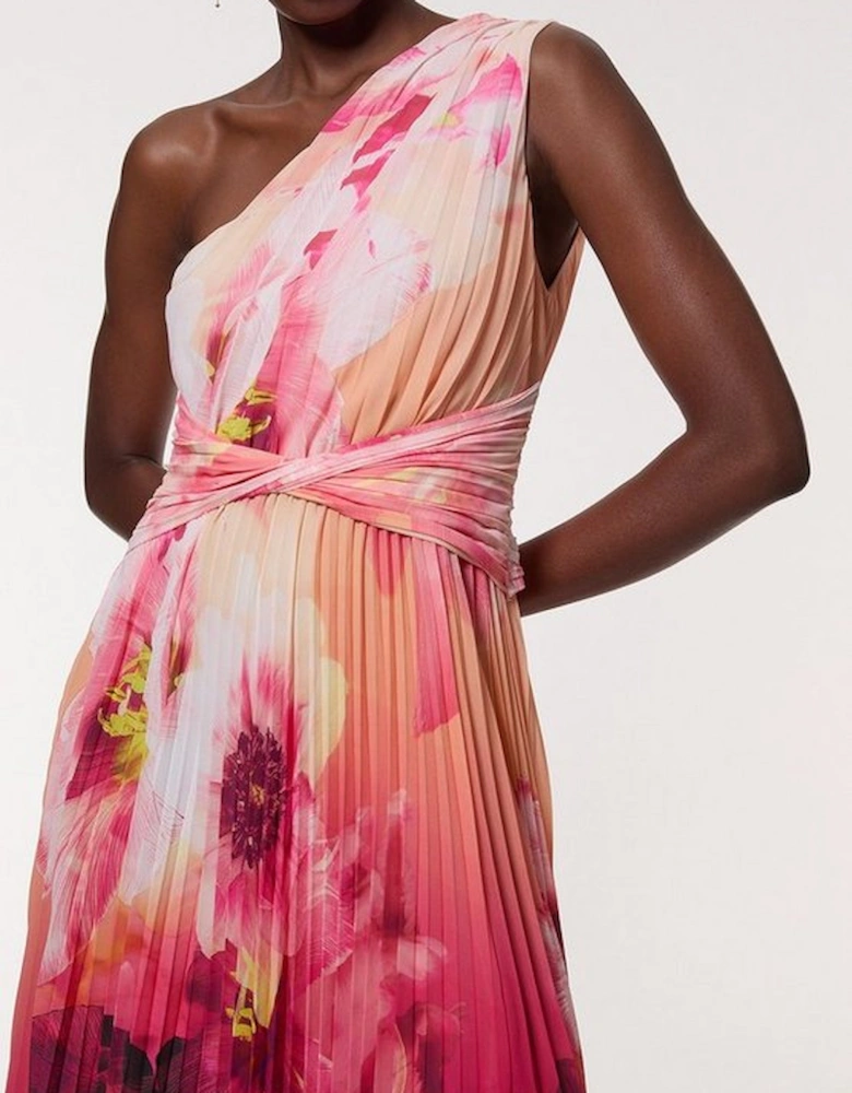 Ombre Floral Soft Pleated One Shoulder Maxi Dress