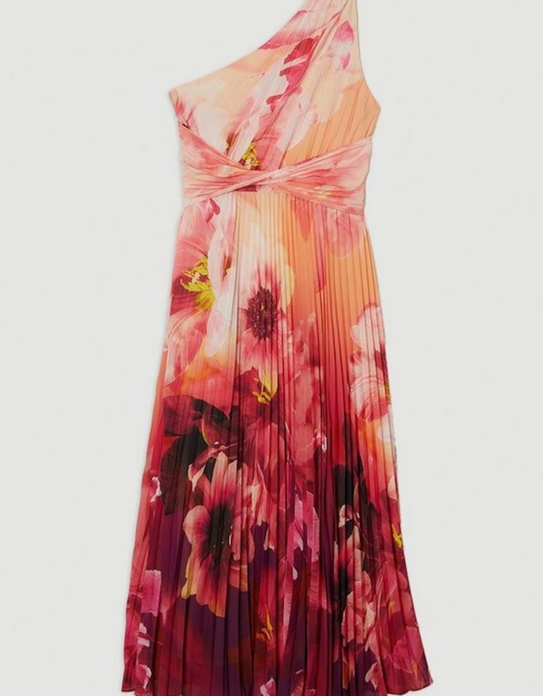 Ombre Floral Soft Pleated One Shoulder Maxi Dress