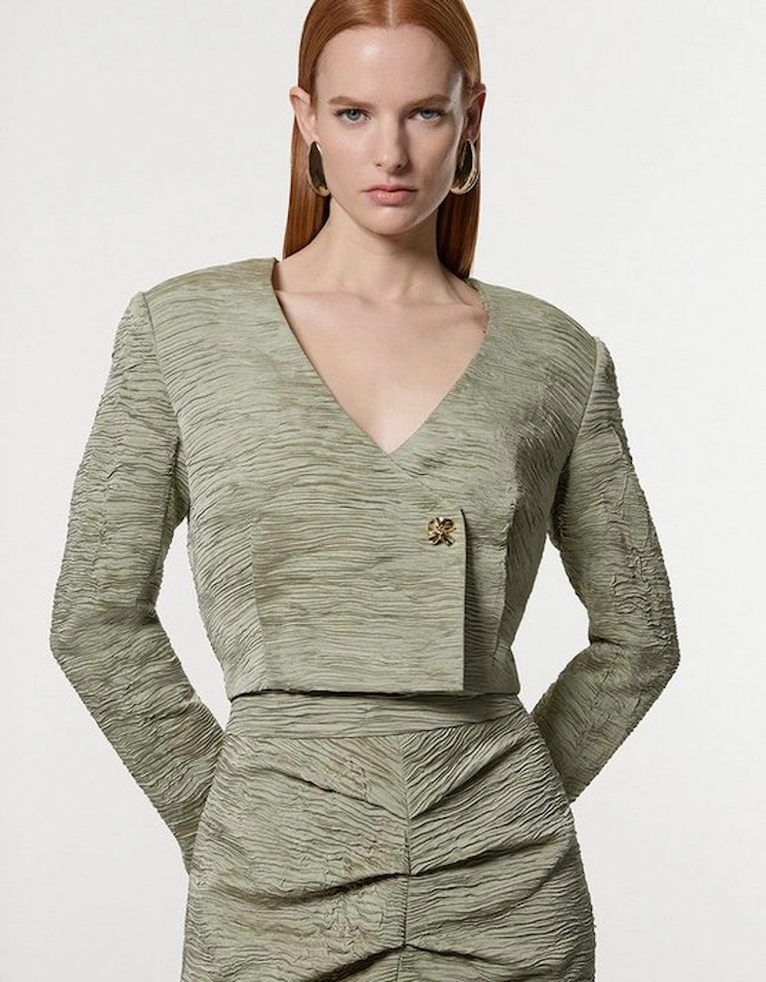 Crinkle Satin Button Front Cropped Tailored Jacket, 5 of 4