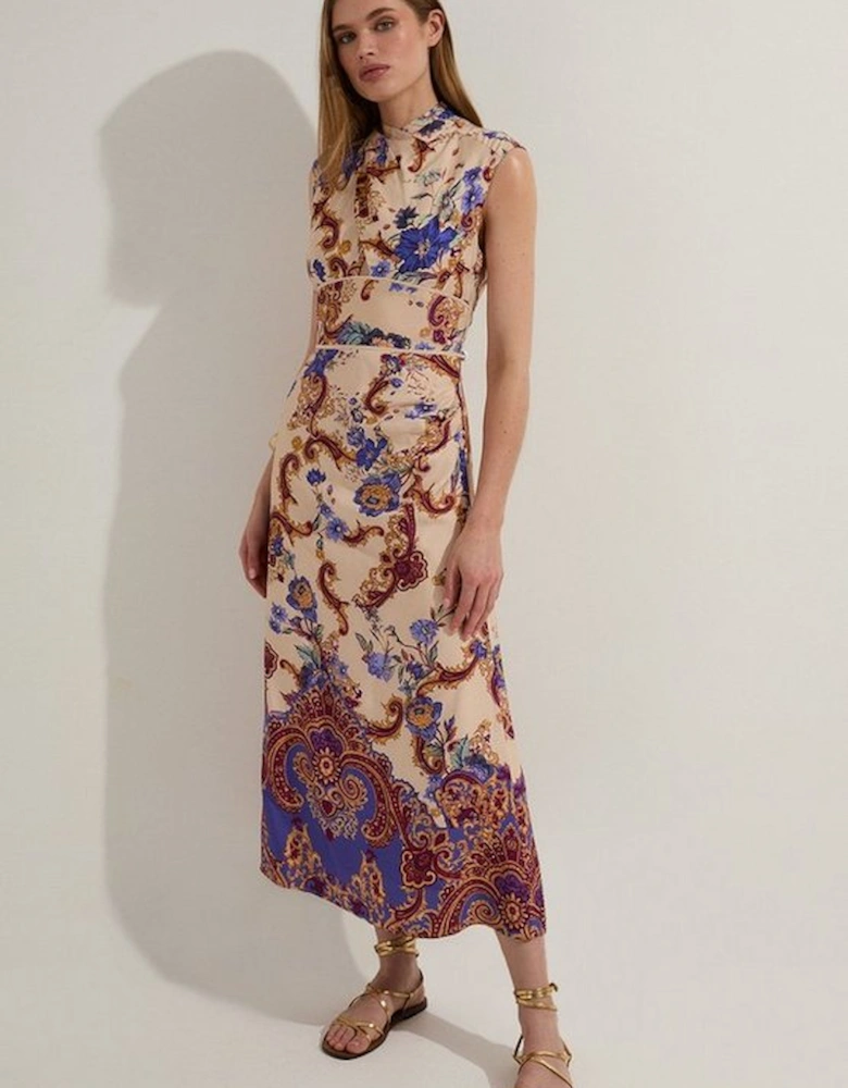 Petite Premium Viscose Linen Paisley Border Print Woven Midi Dress