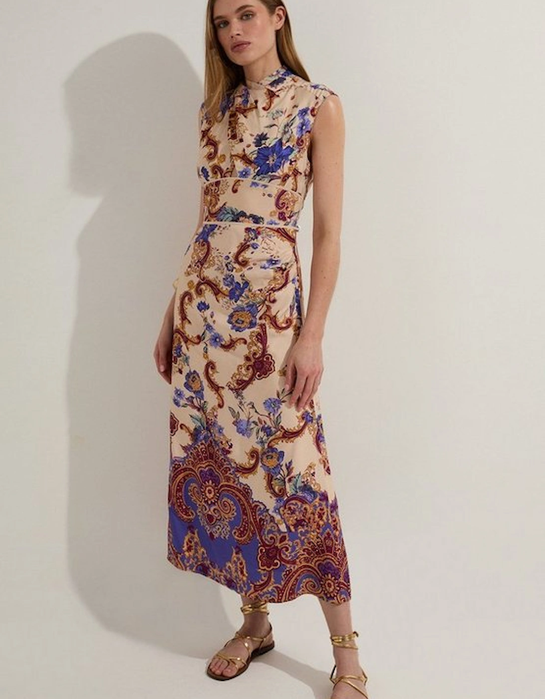 Petite Premium Viscose Linen Paisley Border Print Woven Midi Dress, 4 of 3