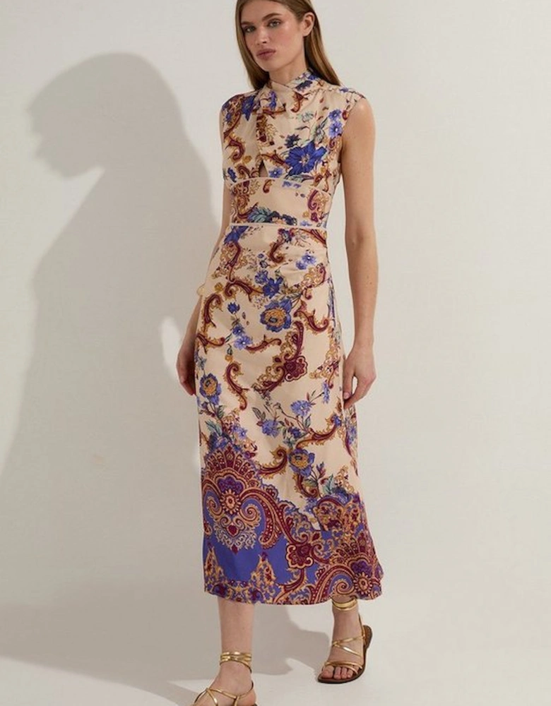 Petite Premium Viscose Linen Paisley Border Print Woven Midi Dress