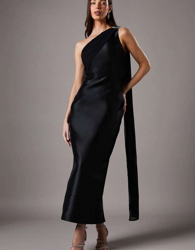 One Shoulder Twill Gown With Diamante Brooch