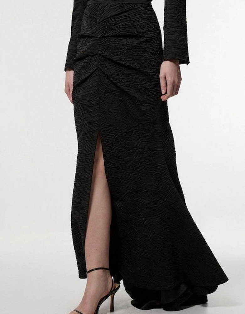 Crinkle Satin Pleated Tailored Maxi Skirt