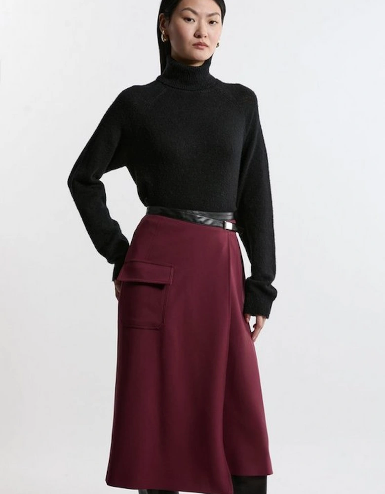 Compact Stretch Pu Tipped Wrap Midi Skirt