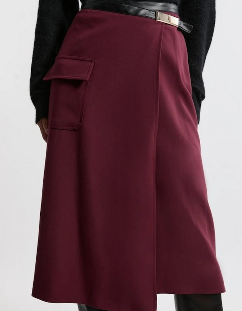 Compact Stretch Pu Tipped Wrap Midi Skirt