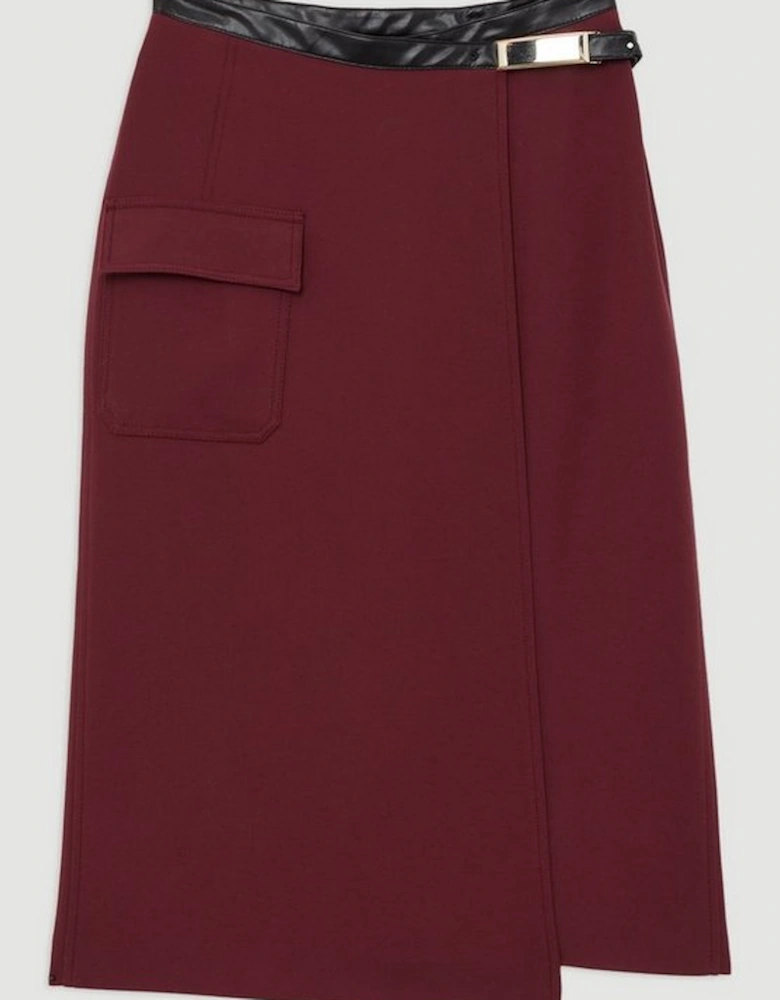 Compact Stretch Pu Tipped Wrap Midi Skirt