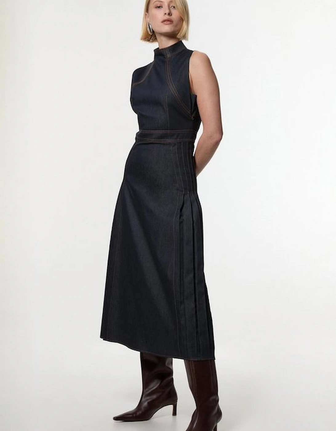 Tailored Denim Pleated Midi Dress, 5 of 4
