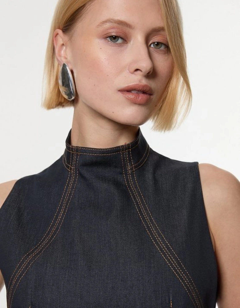Tailored Denim Pleated Midi Dress