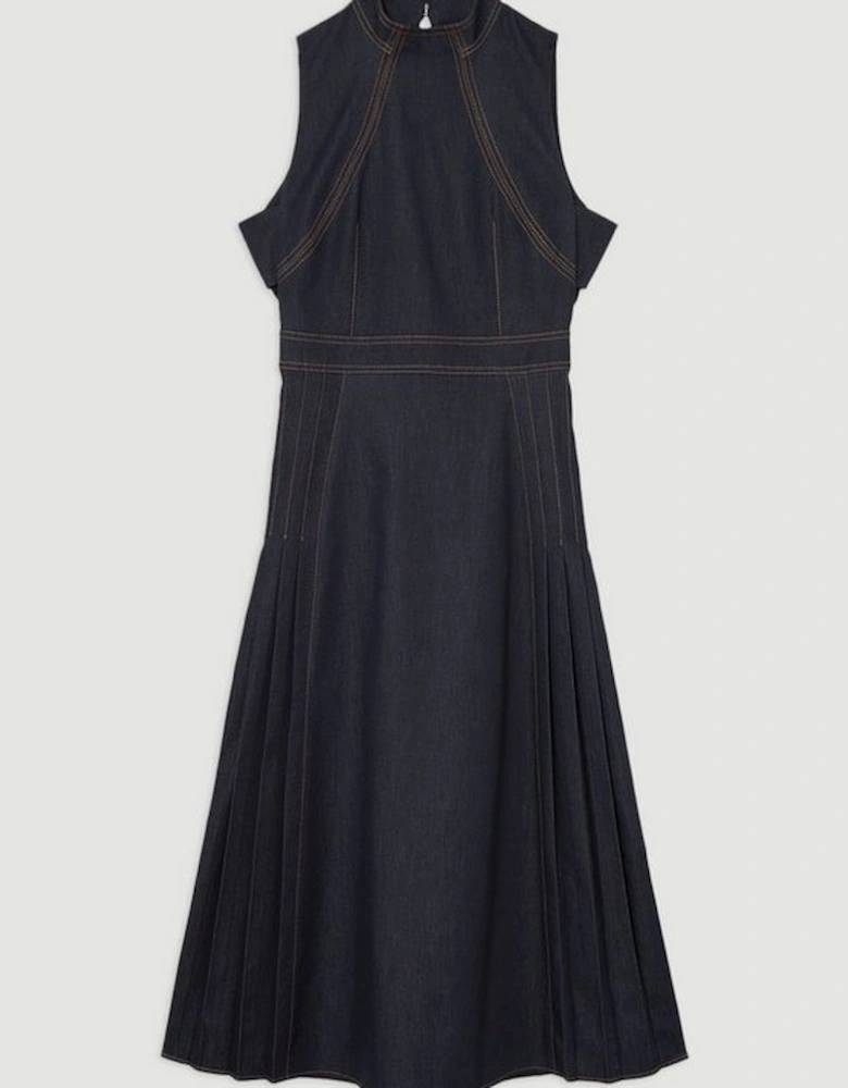 Tailored Denim Pleated Midi Dress