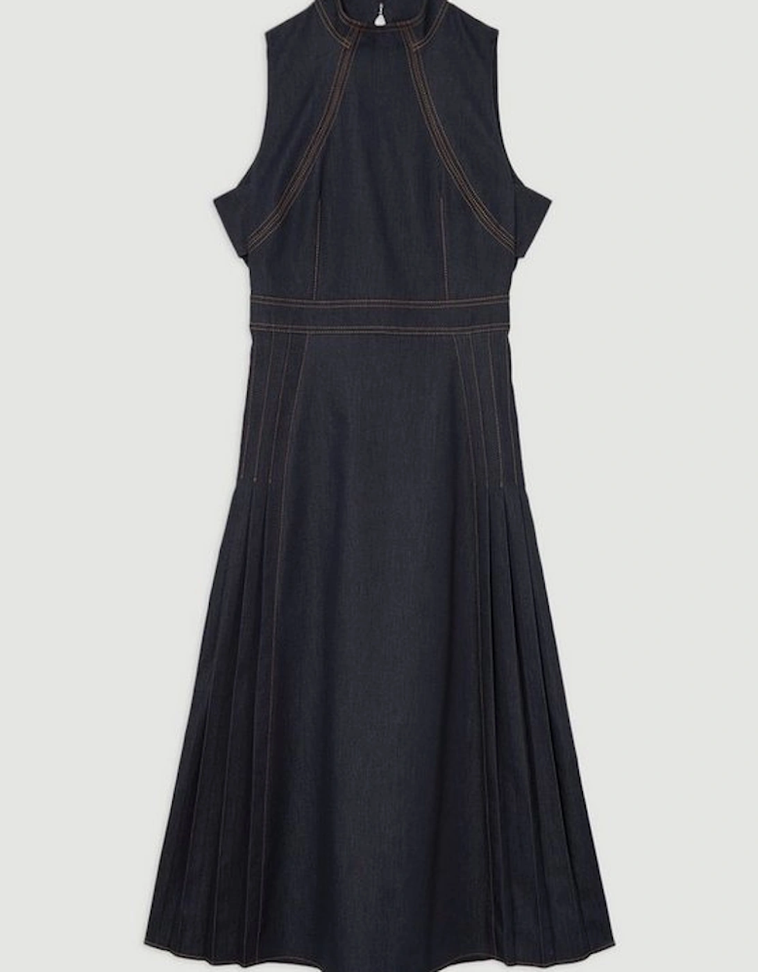 Tailored Denim Pleated Midi Dress