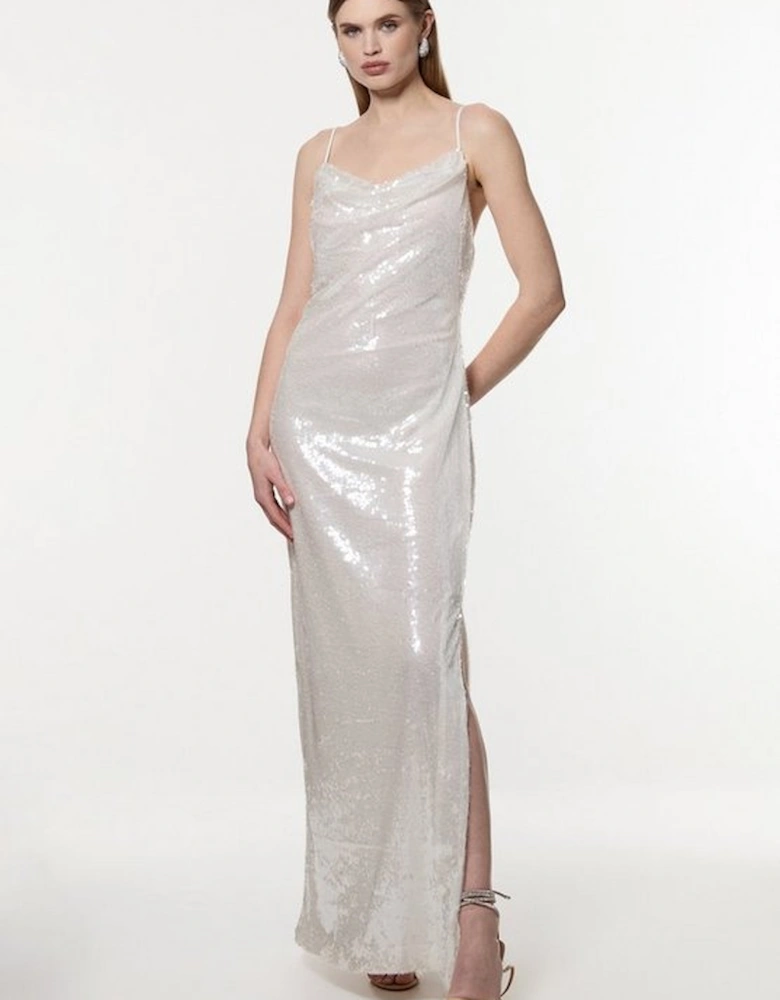 Liquid Shine Strappy Cowl Neck Woven Sequin Dress