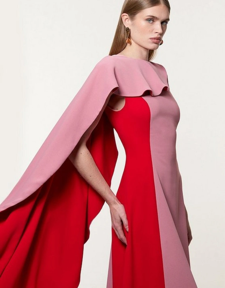 Soft Tailored Colour Block Cape Detail Full Skirted Maxi Dress