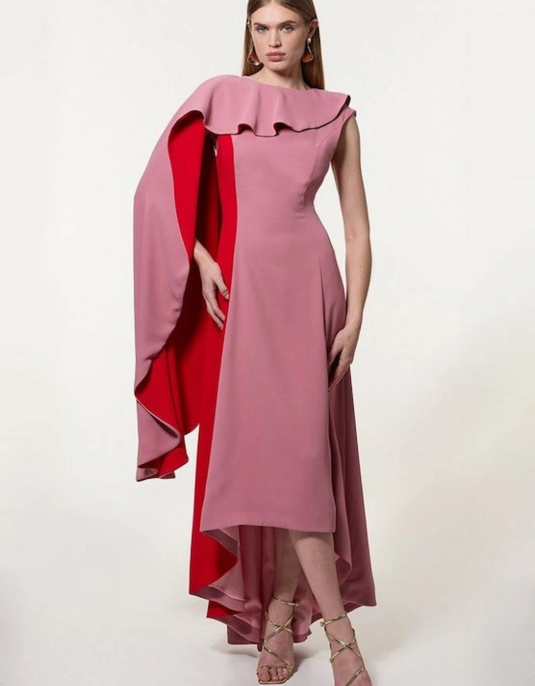 Soft Tailored Colour Block Cape Detail Full Skirted Maxi Dress