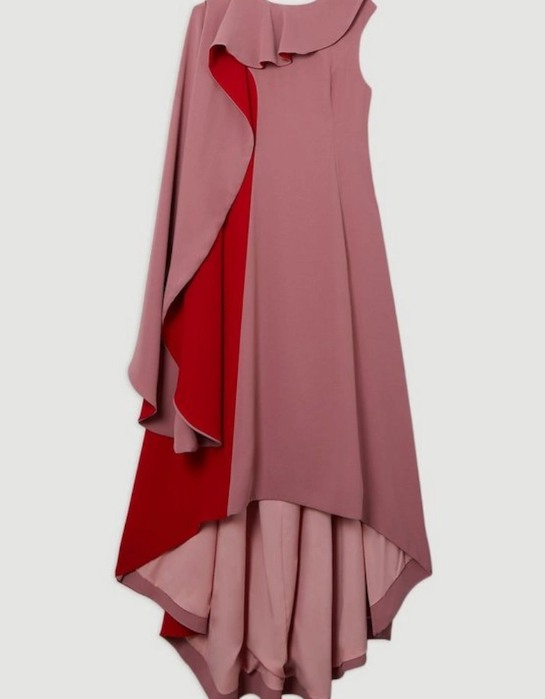 Soft Tailored Colour Block Cape Detail Full Skirted Maxi Dress