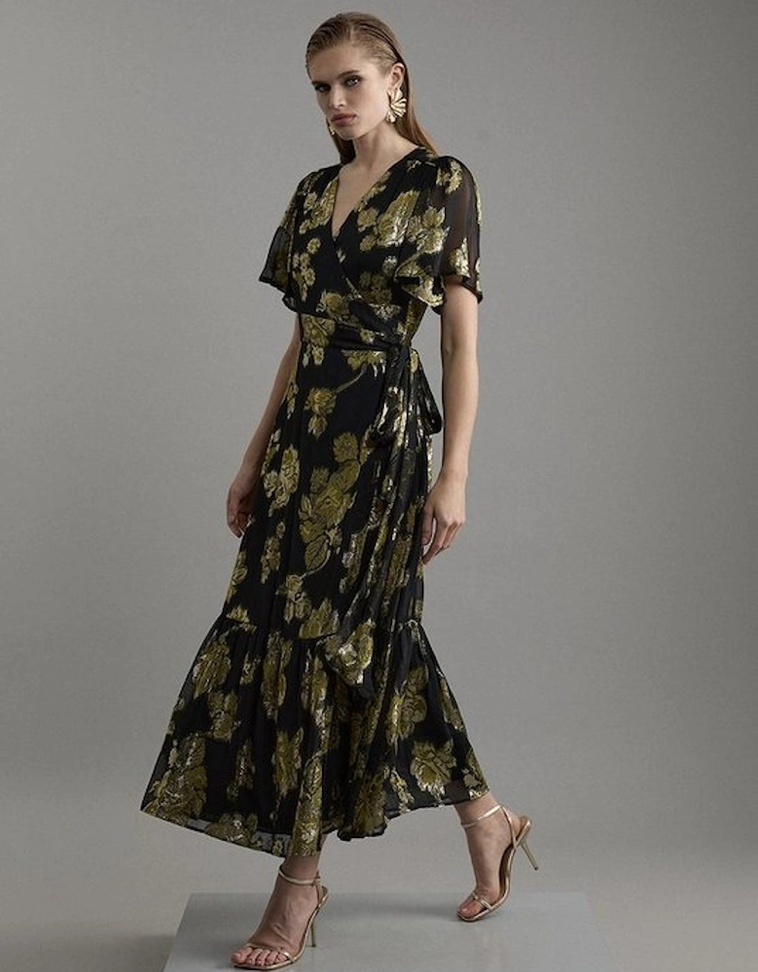 Petite Metallic Jacquard Wrap Midi Dress, 5 of 4