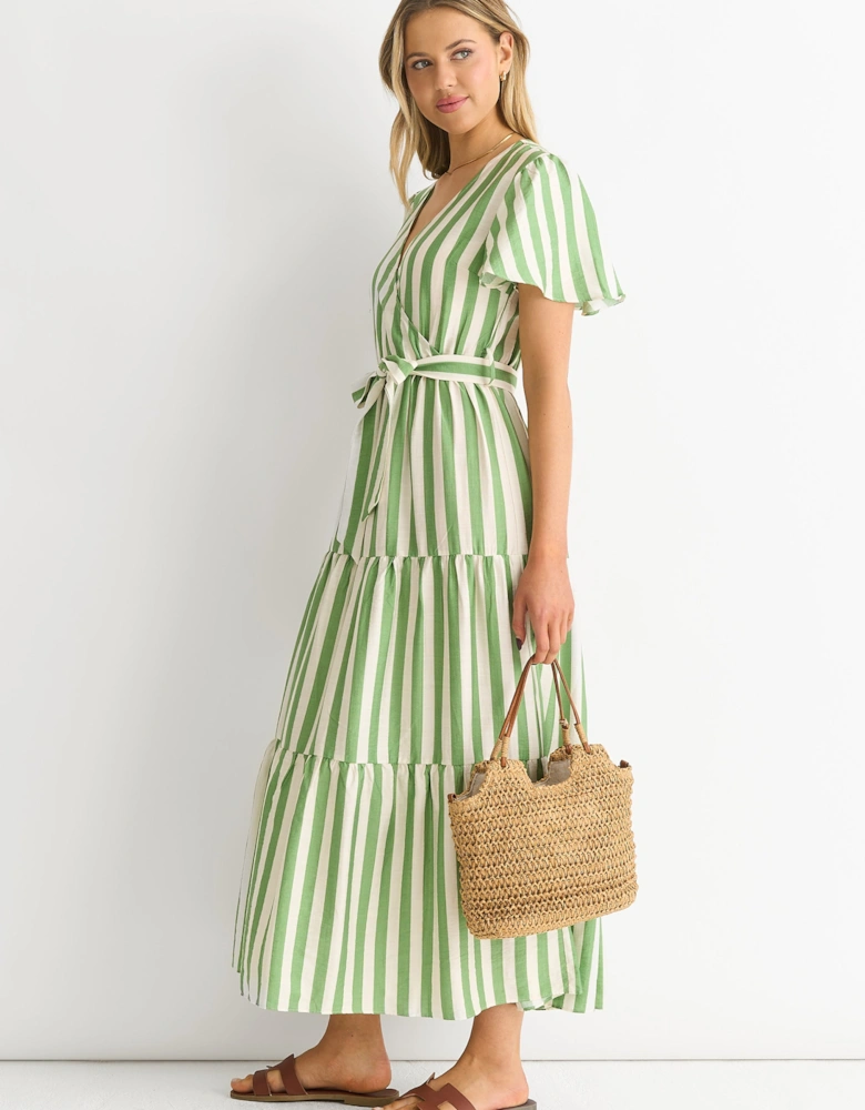 Sage Green Stripe Wrap Belted Viscose Midi Dress