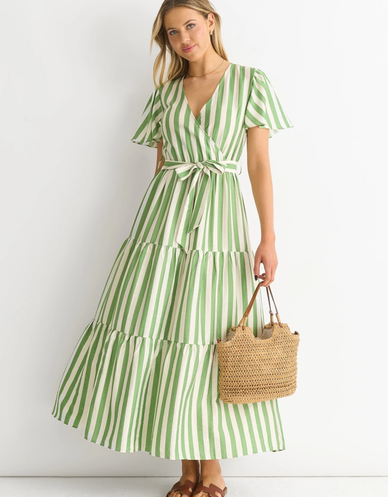 Sage Green Stripe Wrap Belted Viscose Midi Dress