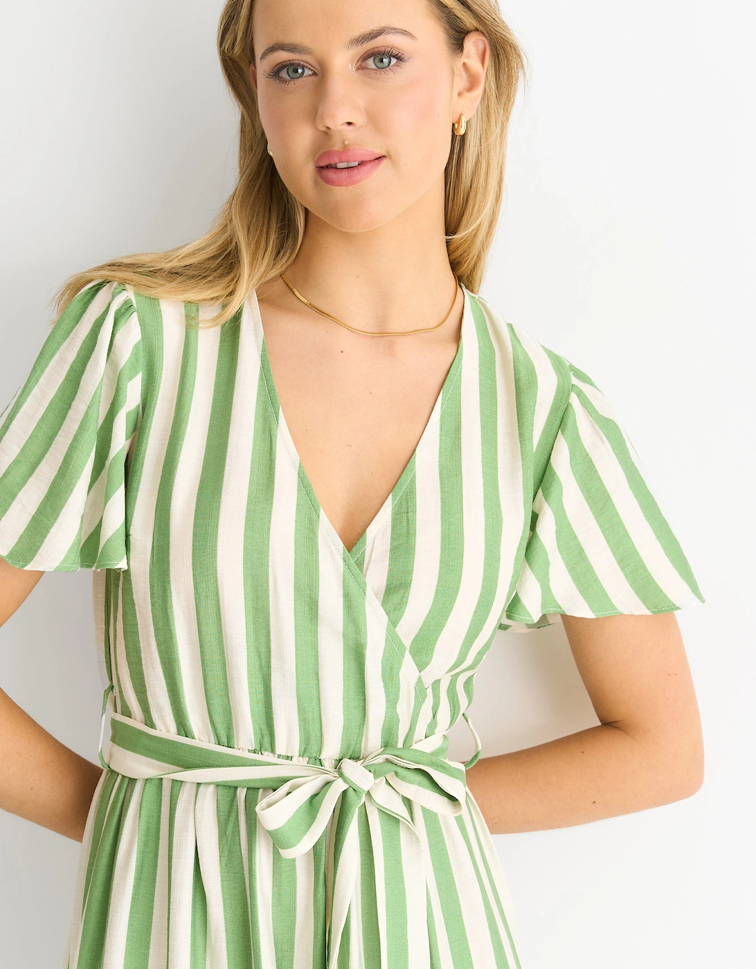 Sage Green Stripe Wrap Belted Viscose Midi Dress