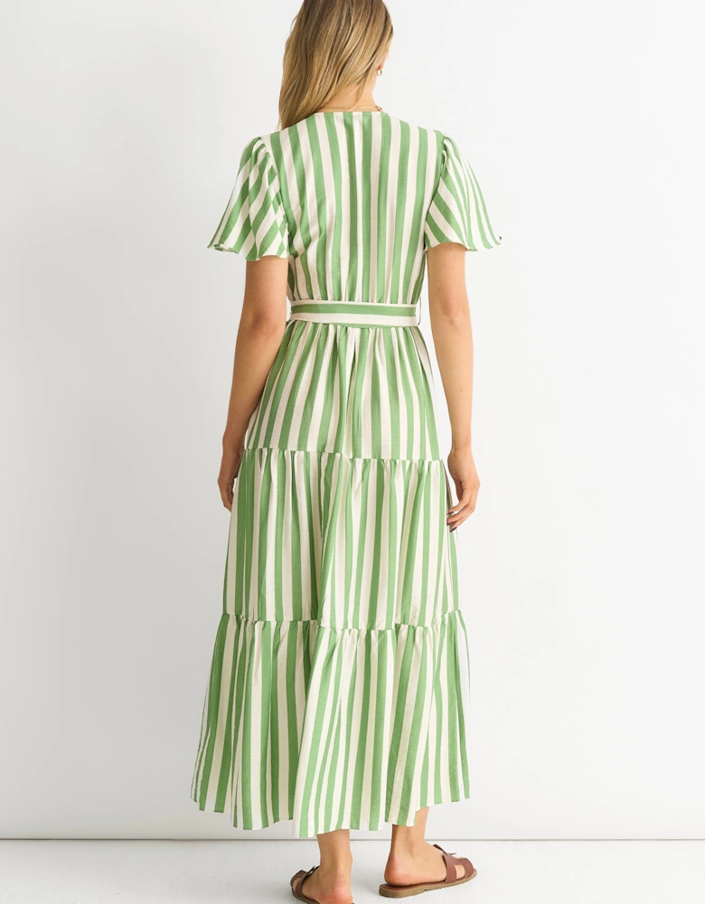 Sage Green Stripe Wrap Belted Viscose Midi Dress