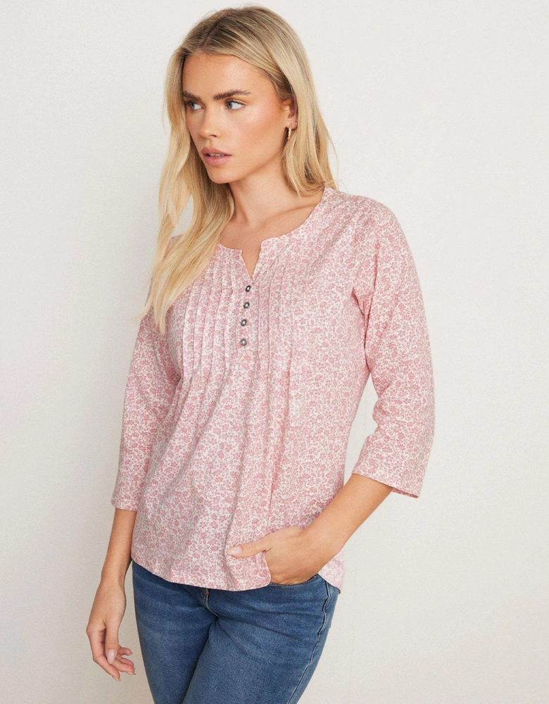 Petite 3/4 Sleeve Henley Top - Pink