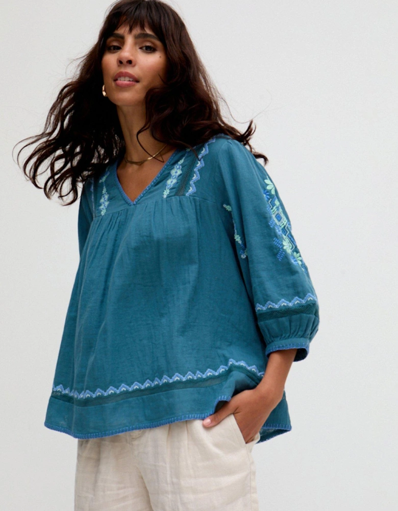 Alice V-neck Embroidered Blouse In Blue