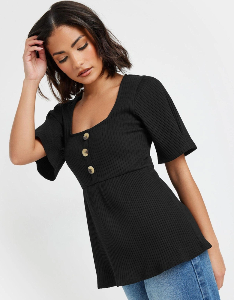 Petite Smock Button Rib Top - Black