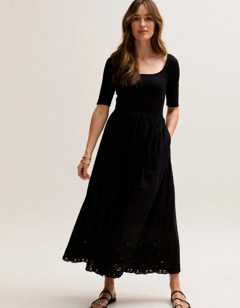 Sydney Short Sleeve Jersey Bodice Embroidered Midi Dress In Black