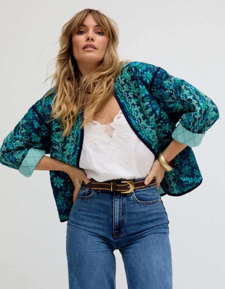 Annaia Lightly Quilted Floral Printed Jacket In Blue