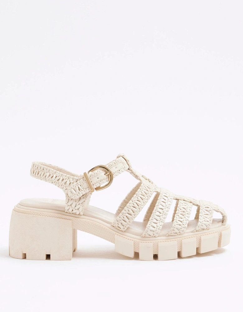 Girls Raffia Block Heeled Sandals - Cream