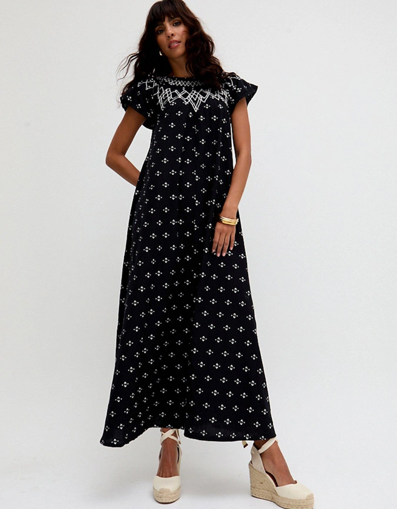 Willow Embroidered Shirring Jacquard Maxi Dress - Black